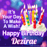 A colorful birthday GIF for Dezirae featuring a cupcake with vibrant lit candles and the text 'It's Your Day to Make a Wish! Happy Birthday Dezirae' in bold letters on a festive purple background.