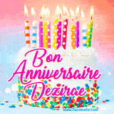 A white birthday cake covered in colorful sprinkles, topped with bright candles, and French text 'Bon Anniversaire Dezirae' on a pastel gradient background in an animated GIF.