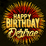 Golden 'Happy Birthday Dezirae' text accompanied by animated rainbow fireworks for a festive animated greeting.