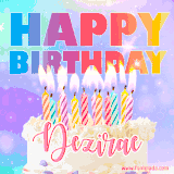 A vibrant animated name GIF with the words 'Happy Birthday Dezirae' with colorful candles on a creamy cake. The background sparkles with pastel shades, adding a festive touch.