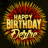 Golden 'Happy Birthday Dezire' text accompanied by animated rainbow fireworks for a festive animated greeting.