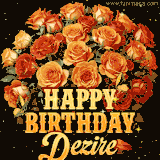 Animated bouquet of orange roses with moving butterfles and golden 'Happy Birthday Dezire' text, surrounded by sparkling accents and a dark backdrop for a luxurious feel.