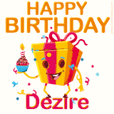 A vibrant and funny gift box character with a happy face dancing with a cupcake and the text 'Happy Birthday Dezire,' surrounded by animated confetti and party vibes.