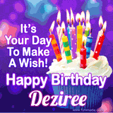A colorful birthday GIF for Deziree featuring a cupcake with vibrant lit candles and the text 'It's Your Day to Make a Wish! Happy Birthday Deziree' in bold letters on a festive purple background.