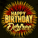 Golden 'Happy Birthday Deziree' text accompanied by animated rainbow fireworks for a festive animated greeting.