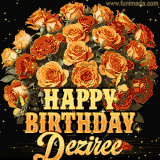Animated bouquet of orange roses with moving butterfles and golden 'Happy Birthday Deziree' text, surrounded by sparkling accents and a dark backdrop for a luxurious feel.