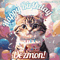 Happy birthday gif for Dezmon with cat and cake