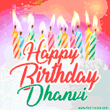 Bright birthday candles with rainbow flames on a cake, alongside the text 'Happy Birthday Dhanvi' in vibrant script in this celebratory animated GIF.