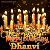 A glowing personalized birthday GIF with name Dhanvi featuring lit candles with intricate designs, warm lighting, and the text 'Happy Birthday' in an elegant font.