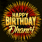 Golden 'Happy Birthday Dhanvi' text accompanied by animated rainbow fireworks for a festive animated greeting.