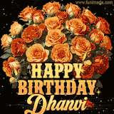 Animated bouquet of orange roses with moving butterfles and golden 'Happy Birthday Dhanvi' text, surrounded by sparkling accents and a dark backdrop for a luxurious feel.