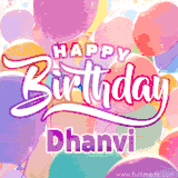 A vibrant name GIF featuring colorful balloons in shades of pink, orange, and yellow with the bold text 'Happy Birthday Dhanvi' in festive fonts, creating a lively birthday vibe.