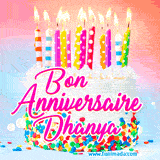 A white birthday cake covered in colorful sprinkles, topped with bright candles, and French text 'Bon Anniversaire Dhanya' on a pastel gradient background in an animated GIF.