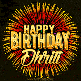 Golden 'Happy Birthday Dhriti' text accompanied by animated rainbow fireworks for a festive animated greeting.
