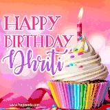 A vibrant birthday GIF featuring a rainbow-colored cupcake topped with white frosting, sprinkles, and a lit candle. The text reads 'Happy Birthday Dhriti' in bold pink and violet letters with white outline.