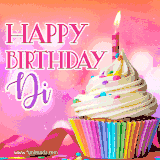 A vibrant birthday GIF featuring a rainbow-colored cupcake topped with white frosting, sprinkles, and a lit candle. The text reads 'Happy Birthday Di' in bold pink and violet letters with white outline.