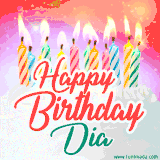 Bright birthday candles with rainbow flames on a cake, alongside the text 'Happy Birthday Dia' in vibrant script in this celebratory animated GIF.