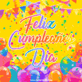 A bright and festive GIF with the text 'Feliz Cumpleaños Dia' in Spanish in colorful fonts, surrounded by confetti, balloons, and festive banners on a vibrant yellow background.