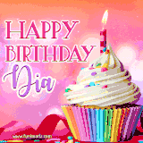 A vibrant birthday GIF featuring a rainbow-colored cupcake topped with white frosting, sprinkles, and a lit candle. The text reads 'Happy Birthday Dia' in bold pink and violet letters with white outline.