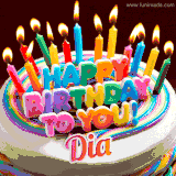 A colorful birthday cake topped with lit candles, with the words 'Happy Birthday Dia' in bold glowing letters on a burgundy background. Animated flames add a festive touch.