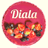 Beautifully decorated red velvet berry birthday cake with vibrant fruits and a glowing 'Diala' name, adding a touch of sweetness and sparkle.