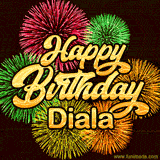 Golden text reading 'Happy Birthday Diala' surrounded by vibrant fireworks in red, green, and yellow, set against a dark background in this celebratory birthday GIF.