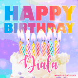 A vibrant animated name GIF with the words 'Happy Birthday Diala' with colorful candles on a creamy cake. The background sparkles with pastel shades, adding a festive touch.