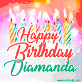Bright birthday candles with rainbow flames on a cake, alongside the text 'Happy Birthday Diamanda' in vibrant script in this celebratory animated GIF.
