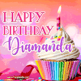 A vibrant birthday GIF featuring a rainbow-colored cupcake topped with white frosting, sprinkles, and a lit candle. The text reads 'Happy Birthday Diamanda' in bold pink and violet letters with white outline.