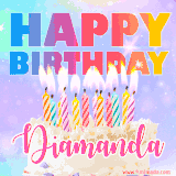 A vibrant animated name GIF with the words 'Happy Birthday Diamanda' with colorful candles on a creamy cake. The background sparkles with pastel shades, adding a festive touch.