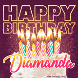 A colorful birthday cake topped with lit candles, with the words 'Happy Birthday Diamanda' in bold glowing letters on a burgundy background. Animated flames add a festive touch.
