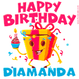 A vibrant and funny gift box character with a happy face dancing with a cupcake and the text 'Happy Birthday Diamanda,' surrounded by animated confetti and party vibes.