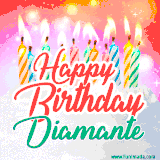 Bright birthday candles with rainbow flames on a cake, alongside the text 'Happy Birthday Diamante' in vibrant script in this celebratory animated GIF.