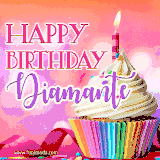 A vibrant birthday GIF featuring a rainbow-colored cupcake topped with white frosting, sprinkles, and a lit candle. The text reads 'Happy Birthday Diamante' in bold pink and violet letters with white outline.