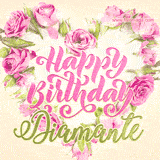 A stunning heart made of pink roses surrounds the elegant script text 'Happy Birthday Diamante' on a soft beige background. Animated sparkles add a magical and festive feel.