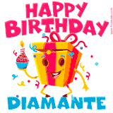 A vibrant and funny gift box character with a happy face dancing with a cupcake and the text 'Happy Birthday Diamante,' surrounded by animated confetti and party vibes.