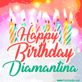 Bright birthday candles with rainbow flames on a cake, alongside the text 'Happy Birthday Diamantina' in vibrant script in this celebratory animated GIF.