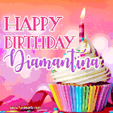 A vibrant birthday GIF featuring a rainbow-colored cupcake topped with white frosting, sprinkles, and a lit candle. The text reads 'Happy Birthday Diamantina' in bold pink and violet letters with white outline.