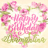 A stunning heart made of pink roses surrounds the elegant script text 'Happy Birthday Diamantina' on a soft beige background. Animated sparkles add a magical and festive feel.