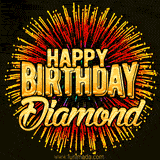 Golden 'Happy Birthday Diamond' text accompanied by animated rainbow fireworks for a festive animated greeting.