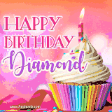 A vibrant birthday GIF featuring a rainbow-colored cupcake topped with white frosting, sprinkles, and a lit candle. The text reads 'Happy Birthday Diamond' in bold pink and violet letters with white outline.