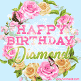 A charming animated GIF featuring 'Happy Birthday Diamond' in pink and green text, surrounded by delicate roses, leaves, and fluttering butterflies on a soft light blue pastel background.