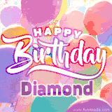 A vibrant name GIF featuring colorful balloons in shades of pink, orange, and yellow with the bold text 'Happy Birthday Diamond' in festive fonts, creating a lively birthday vibe.