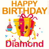 A vibrant and funny gift box character with a happy face dancing with a cupcake and the text 'Happy Birthday Diamond,' surrounded by animated confetti and party vibes.