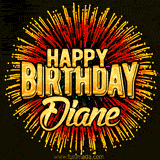 Golden 'Happy Birthday Diane' text accompanied by animated rainbow fireworks for a festive animated greeting.