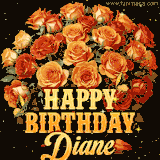 Animated bouquet of orange roses with moving butterfles and golden 'Happy Birthday Diane' text, surrounded by sparkling accents and a dark backdrop for a luxurious feel.