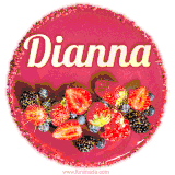 Beautifully decorated red velvet berry birthday cake with vibrant fruits and a glowing 'Dianna' name, adding a touch of sweetness and sparkle.
