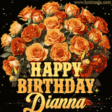 Animated bouquet of orange roses with moving butterfles and golden 'Happy Birthday Dianna' text, surrounded by sparkling accents and a dark backdrop for a luxurious feel.