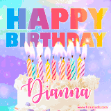 A vibrant animated name GIF with the words 'Happy Birthday Dianna' with colorful candles on a creamy cake. The background sparkles with pastel shades, adding a festive touch.