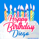 A cheerful animated GIF featuring colorful lit birthday candles on a white cake, with the text 'Happy Birthday Diego' in bold red and blue script on a bright blue background.
